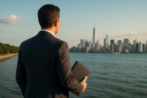 Person holding a resume while looking at a city skyline, symbolizing job seekers navigating employment opportunities with a past criminal record