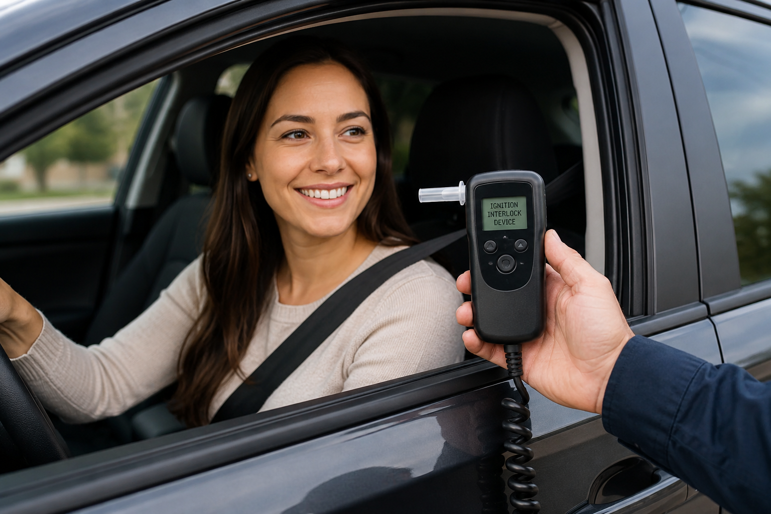 Ignition interlock device lawyer assisting with IID removal for Nassau County driver in vehicle showing early ignition interlock device removal process.